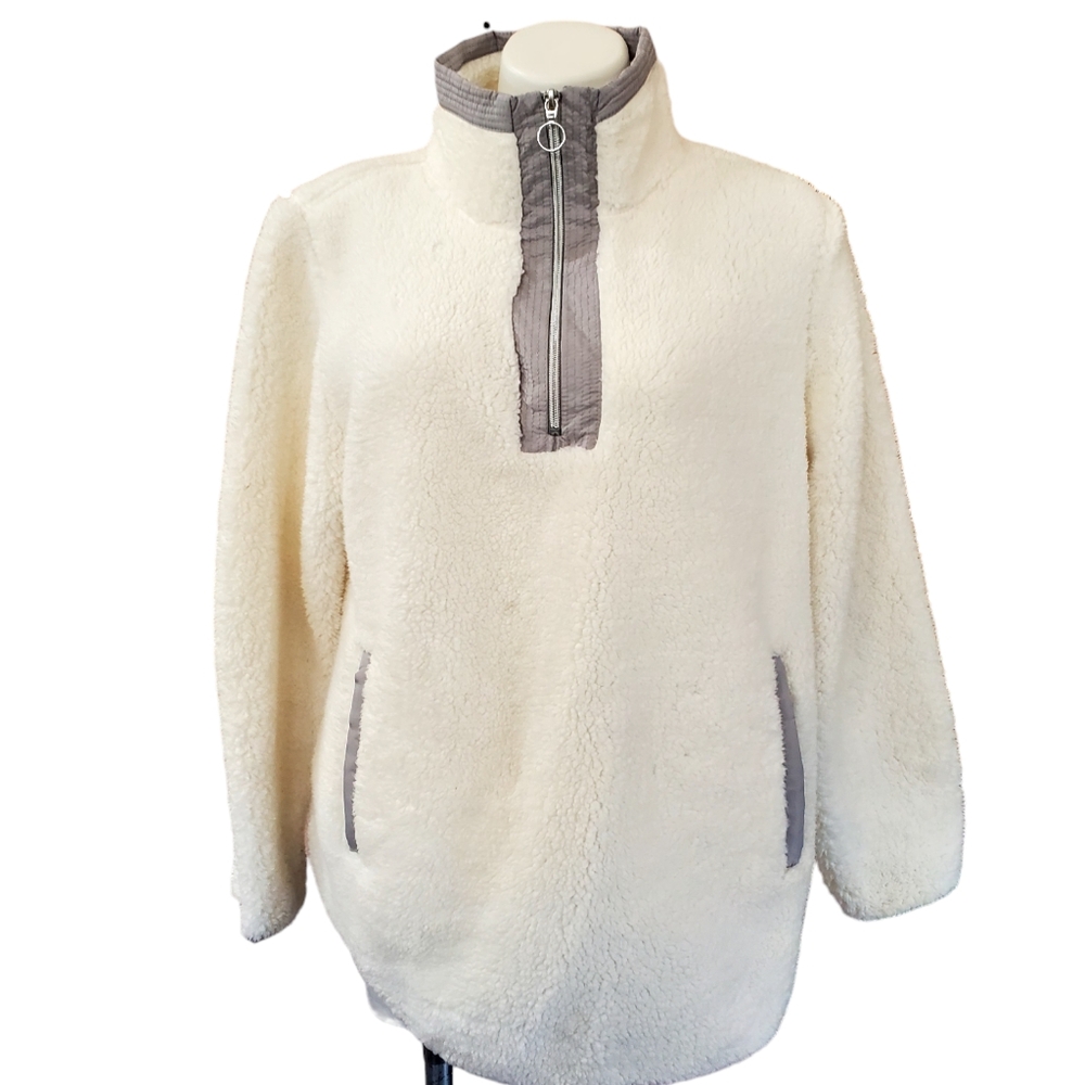 Womens 3/4 Zip Hoodie XL Soft Off White Fleece & Grey Trim NWOT
